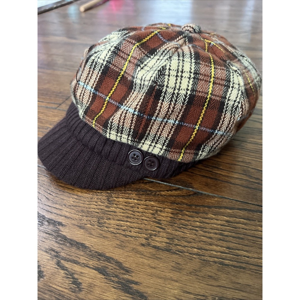 D & Y Wool Blend Newsboy Cap Brown Yellow Tan Plaid 8 Panel Hat Padded Liner